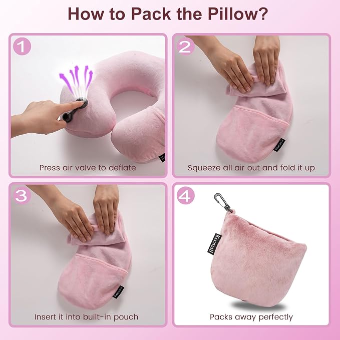 Keemall Inflatable Travel Neck Pillow for Airplane to Relieve Neck Pain | U-Shaped with Soft Washable Cover,Ergonomic Cervical Support for Flights, Car, Home, Camping&Office Naps, Gift for Women,Pink - Image 9