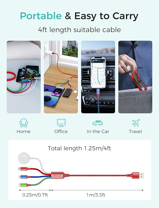 Amasuki Travel Essentials,4 in 1 for Apple Watch Charger/iPhone Charger/Multi Charging Cable,Vacation RV Camping Essentials,USB C/L/Micro Portable Charger for iWatch 11-1/iPhone 17-12,Car&Gift-Red - Image 5