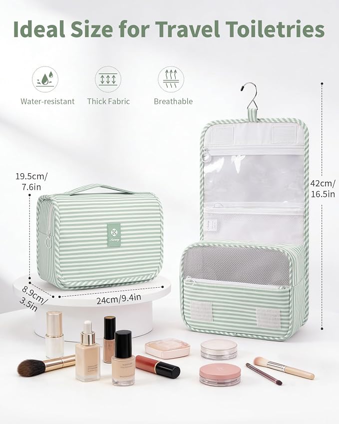 Narwey Small Hanging Toiletry Bag for Travel Women Girl, Striped Toiletries Travel Bag with Hook, Hanging Makeup Bag Organizer Make Up Cosmetic Bags, Gifts for Kids Teen (Mint Green Stripe) - Image 2