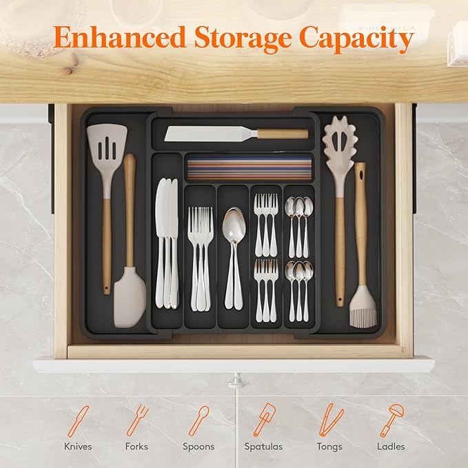 Lifewit Expandable Silverware Drawer Organizer, Kitchen Utensil Tray | BPA-free Plastic Flatware Cutlery Holder, Space-Saving Storage for Spoons Forks Knives, 11.8-19.6 x 15“, Black - Image 2