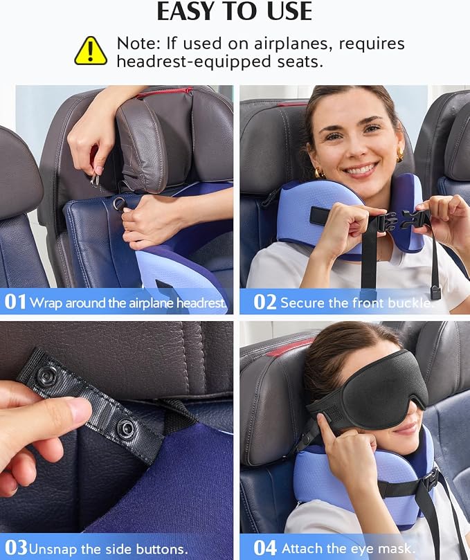 YFONG Travel Pillow with 3D Sleep Mask for Long Flights Airplane, Blue | Patented 360° Ergonomic Sleeper Hold Head Support System, Memory Foam Neck Pillow, Prevents Head Bobbing, Adjustable Strap - Image 7