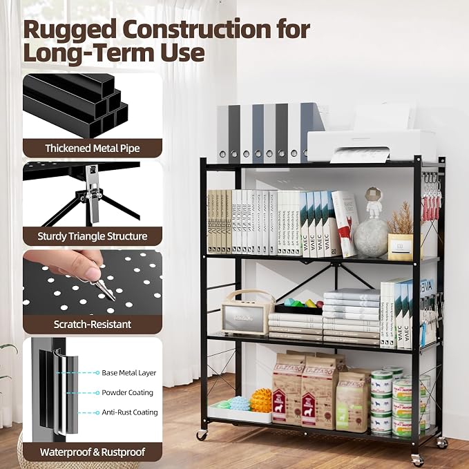 39.4" Wide 4-Tier Foldable Storage Shelves with Wheels & 20 Hooks | Heavy Duty Metal Folding Shelf Unit, No Assembly, Adjustable 3rd Shelf for Kitchen, Garage, Pantry, Bookshelf, Black - Image 3