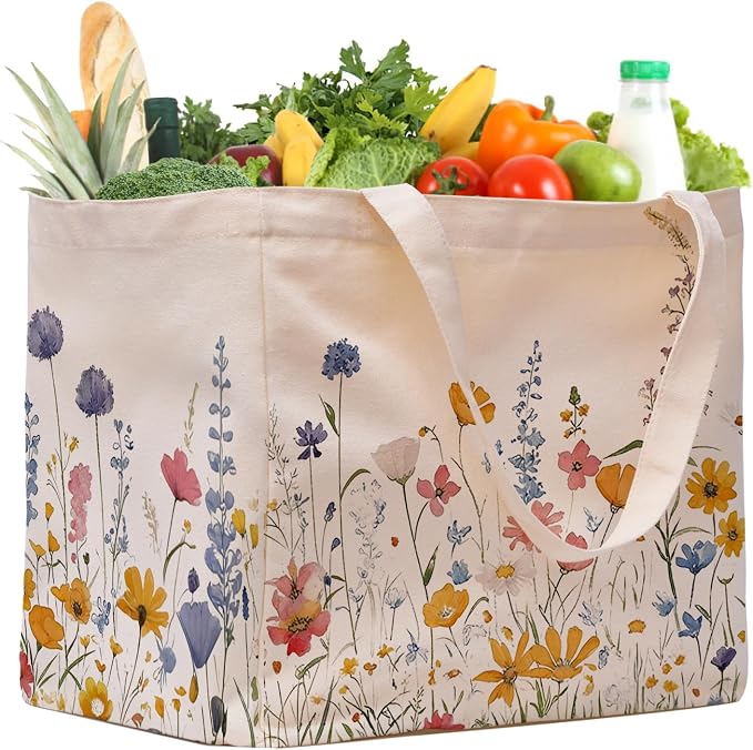 Aesthetic Canvas Reusable Grocery Bags Heavy Duty, 8.3 gal Foldable Large Tote Bag with Handles, Holds 60 lbs & Washable Eco-friendly Bags with 5 Pockets, Beige with a print 1 Bags（Wildflowers） by CNaiyunpin
