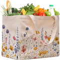 Aesthetic Canvas Reusable Grocery Bags Heavy Duty, 8.3 gal Foldable Large Tote Bag with Handles, Holds 60 lbs & Washable Eco-friendly Bags with 5 Pockets, Beige with a print 1 Bags（Wildflowers） by CNaiyunpin