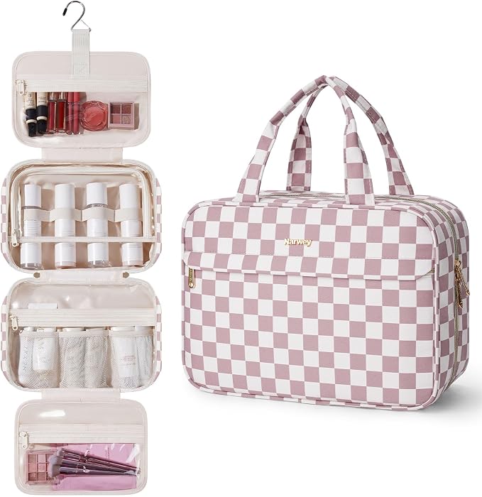 Narwey Hanging Travel Toiletry Bag for Women Checkered Makeup Bag Organizer Cosmetic Make up Toiletries Bag for Travel Essentials Accessories (Dusty Pink Checkerboard, Large) by Narwey