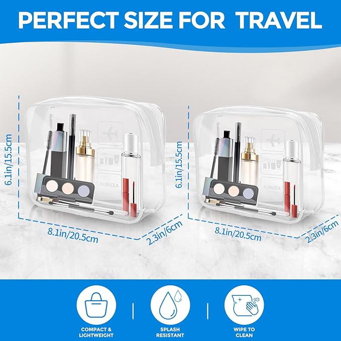 AURUZA 2 Pack Travel Toiletry Bag, Clear Makeup Bag, TSA Approved Cosmetic Bag with Zipper, Clear Organizer Carry on Bag for Women, PVC Cosmetic Pouch - Image 2