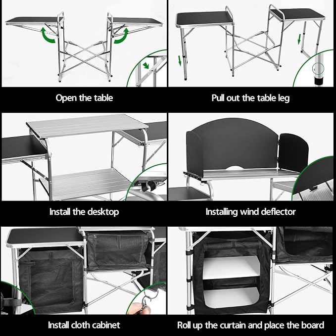 CampLand Folding Camping Kitchen Table with Windscreen,Portable Outdoor Cooking Station with Storage Cabinet & Side Tables Heavy Duty Camp Cook Station for Camping & BBQ (Black3cabinet) - Image 4