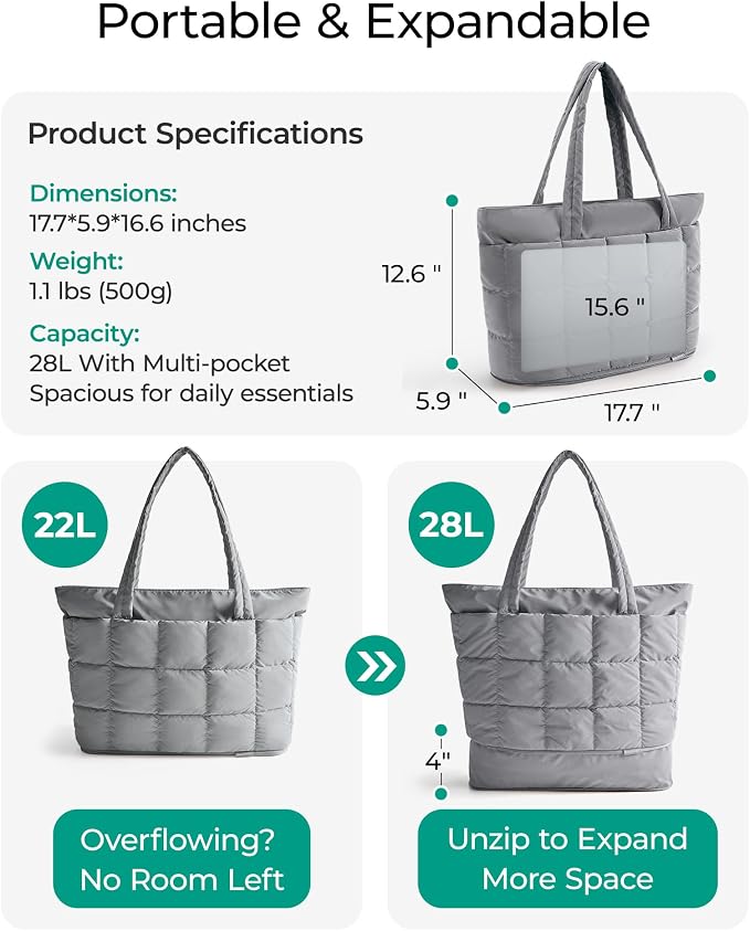 BAGSMART Expandable Tote Bag for Women, Puffer Work Tote Travel Bag | Quilted Carry On Bag for Travel Work Gym College, Waterproof Travel essentials - Image 3
