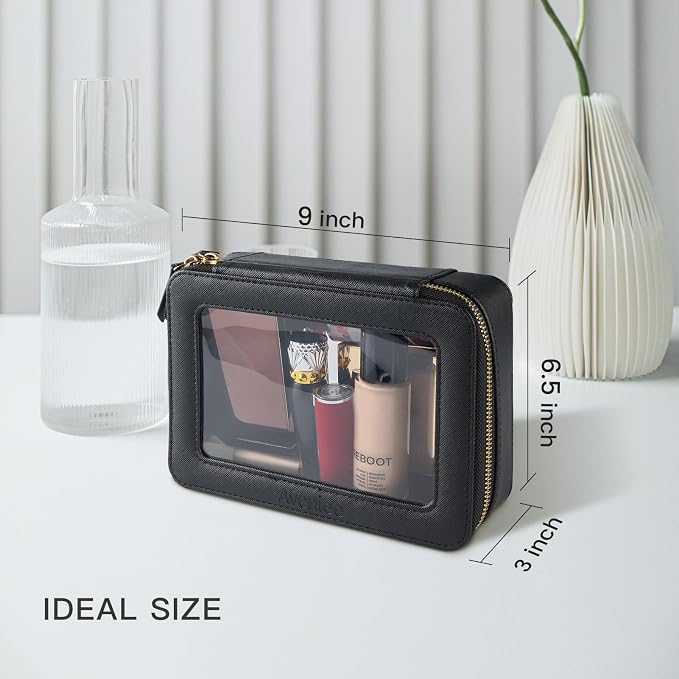 Aveniee Clear Makeup Bag Organizer, Portable Travel Toiletry Cosmetic Bag Case for Women, Heavy Duty Clear Pouch with zipper with Transparent Vinyl Windows & Gold Zippers(Black) - Image 3