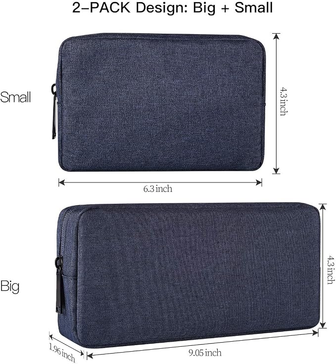 2-Pack Portable Storage Pouch Bag, Universal Electronics Accessories Case Cable Organizer Compatible with Hard Drive, Laptop Mouse, Power Bank, Adapter, Cellphone, Cosmetics (Small+Big-Navy Blue) - Image 2