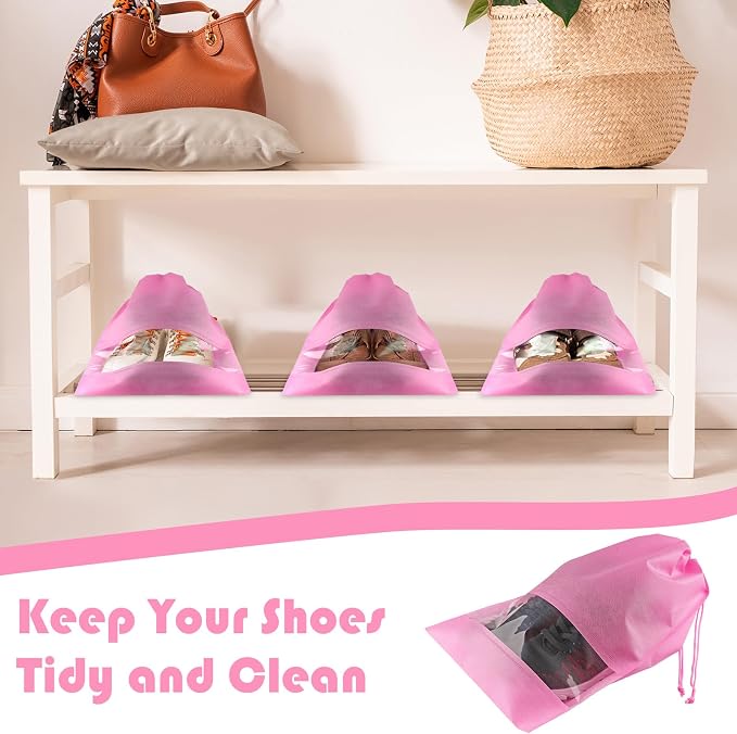 Pink Travel Shoe Bags - 5 Pcs Non-Woven Packing Bags with Clear Window | 15.7" x 11.8" Waterproof Dustproof Portable Travel Shoe Storage Bag for Men and Women - Image 4