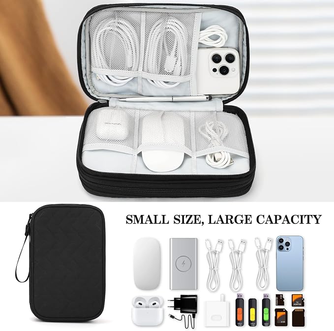 FYY Electronic Organizer, Travel Tech Pouch Bag, Large, Black Quilted | Wrist Strap, Waterproof, Double Layers Portable Electronics Travel Carrying Case for Cord, Charger, Daily Business Trips Use - Image 6