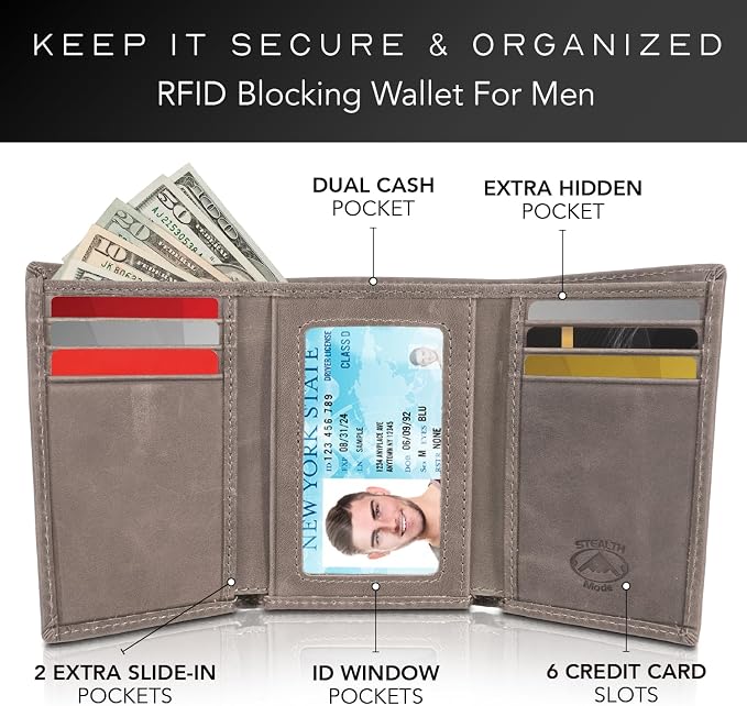 Stealth Mode Trifold Leather Wallet for Men with RFID Blocking (Grey) | Top Grain Napa Leather, 9 Card Slots, ID Window, Gift Box – Gift for Dad, Husband, or Son - Image 2