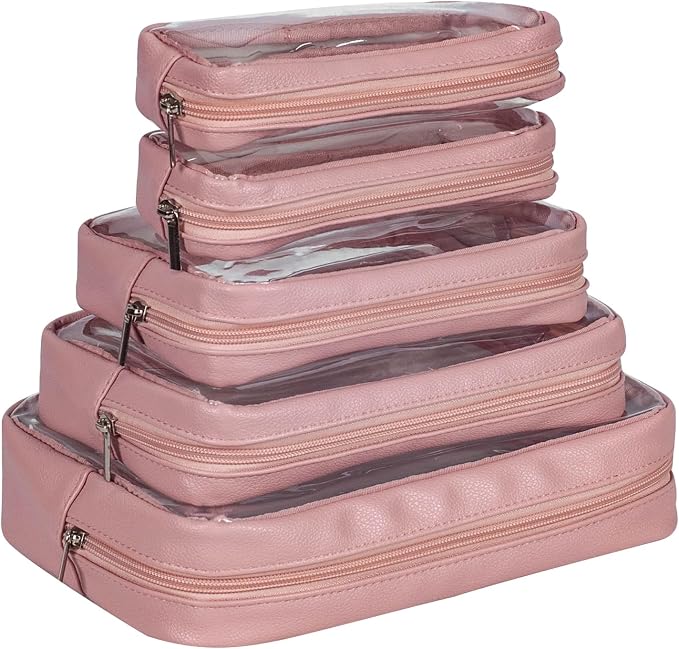 Remobia Hicol TSA Approved 5-Piece Diaper Bag Organizer Pouch Set Clear Waterproof TPU Kids Toiletry Storage Set Travel Packing Clutch Cube Bags for Baby Nursing (Light Pink Leather) - Image 6