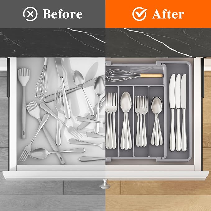 Lifewit Expandable Silverware Drawer Organizer, Kitchen Utensil Tray | BPA-free Plastic Flatware Cutlery Holder, Space-Saving Storage for Spoons Forks Knives, 8.5-14 x 12 x 1.5“, Gray - Image 4
