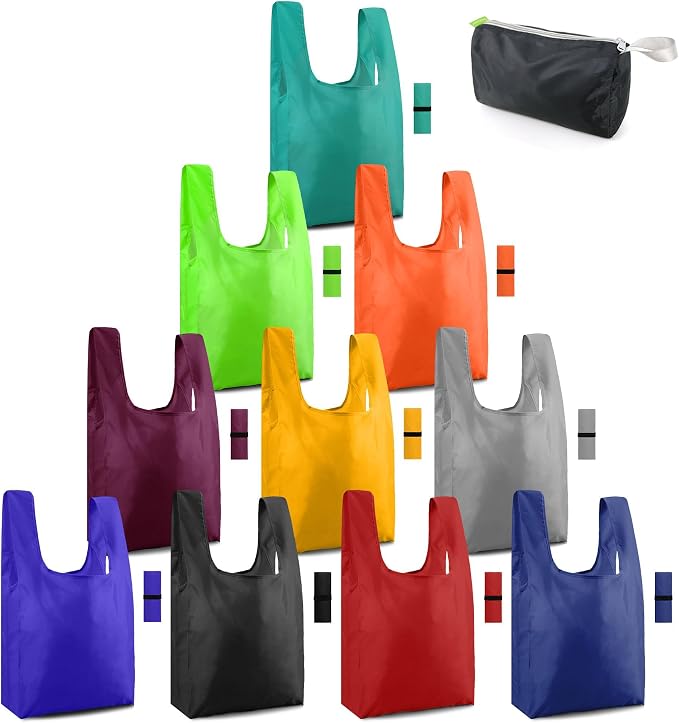 BeeGreen Colorful Reusable Grocery Bags Bulk Gifts 10-Pack - Large Tote with Zipper Pouch | Foldable & Washable Polyester Shopping Bags Heavy Duty Animal Lover Gifts Reusable Bag With Handles by BeeGreen