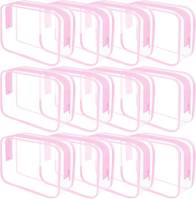 REHALY Clear Toiletry Bag, 12 Pack TSA Approved Toiletry Bag Carry on Travel Accessories Bag, Quart Size Bag for 3-1-1 Liquids Airport Airline Compliant Clear Makeup Bag with Metal Zipper (Pink Bags) by REHALY