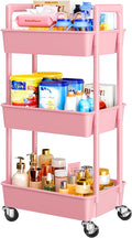 Pipishell 3 Tier Rolling Cart Organizer, Plastic Rolling Cart with Lockable Wheels & Reinforced Handle, Lightweight Utility Storage Cart for Nursery, Kitchen, Craft Room, Pink by Pipishell