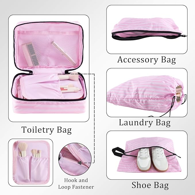 U+U 10 Set Compression Packing Cubes, Travel Organizers (Pink Stripe) | Space-Saving & Complete Travel Set - Image 4