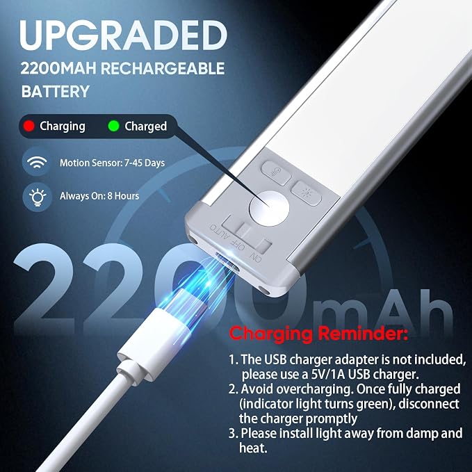 14.7inch Under Cabinet Lighting with 3 Color Temps, 2 Pack Rechargeable Motion Sensor Light Indoor, 5 Levels Dimmable Magnetic Closet Lights, Wireless Under Counter Lights for Kitchen, Stairs - Image 6
