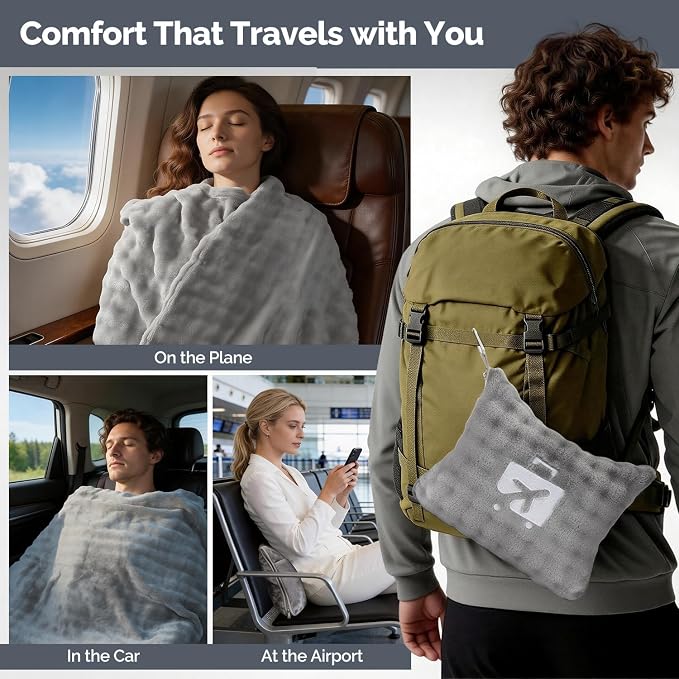 Gray Travel Blanket for Airplane, Portable Soft Flannel with Pouch & Clip | Skin-Friendly Flannel, Lightweight Portable Design with Clip, Hands-Free Carry, Essential Travel Gear for Frequent Flyers - Image 5