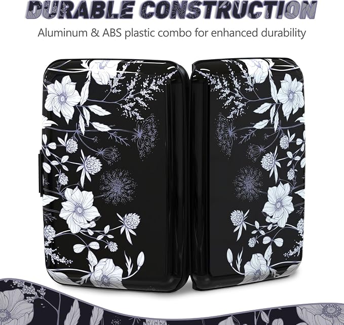 Credit Card Holder, Mini RFID Small Aluminum Card Wallet Business Card Case | Blocking Slim Metal RFID Blocking Front Pocket Wallet Hard Case Durable CC Holder for Women Girls, Black White Floral - Image 5