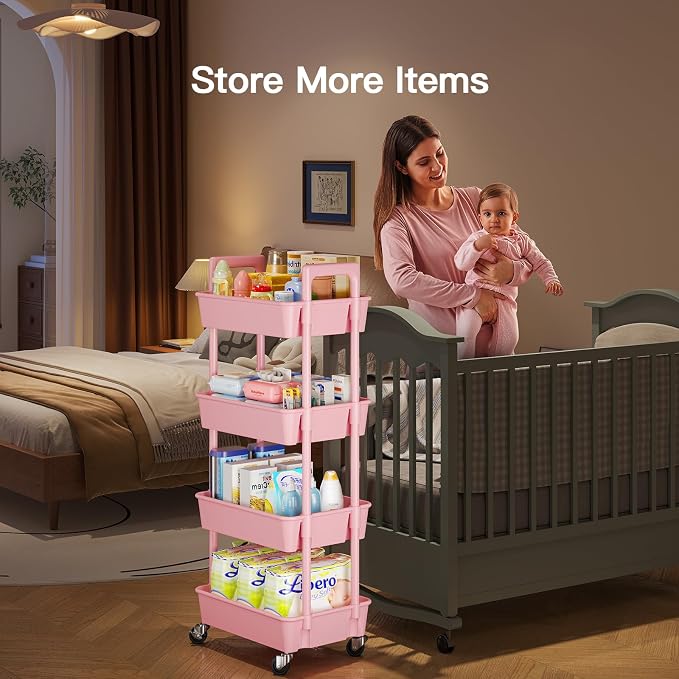 Pipishell 4 Tier Rolling Cart Organizer, Plastic Rolling Cart with Lockable Wheels & Reinforced Handle, Lightweight Utility Storage Cart for Nursery, Kitchen, Craft Room, Pink - Image 3