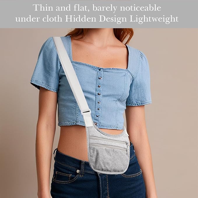 Travel Money Belt Cashsafe Anti Theft Travel Wallet, Fanny Packs for Passport Holder Hidden Under Clothes, Running Bag to Carry Phone Keys (Grey) - Image 2