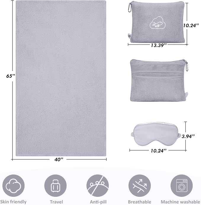Travel Blanket Pillow,Airplane Blanket Compact with Bag Eye Mask, Ultra-Soft,Warm & Lightweight Included,Travel Essentials for Women & Men, Luggage Sleeve & Backpack Clip 65x40 in, Grey - Image 5