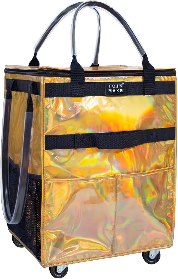 Reusable Grocery Bag with Wheels, Medium Glitter Gold Rolling Tote | 8 Pockets, Zipper Cover, Foldable for Women, Kitchen, Travel, Carries Up to 66LBS by TOJNMAKE