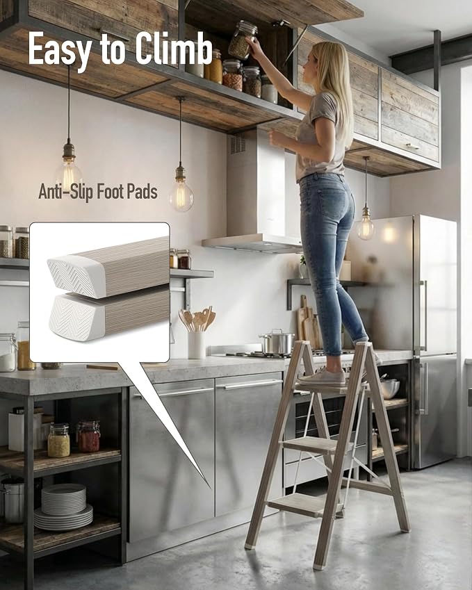 Mayi Plus 3 Step Stool Foldable, Aluminum, Lightweight Step Ladder | Extra-wide anti-slip folding steps with 330 lbs, for home,kitchen,office,outdoor,Fir woodgrain - Image 7