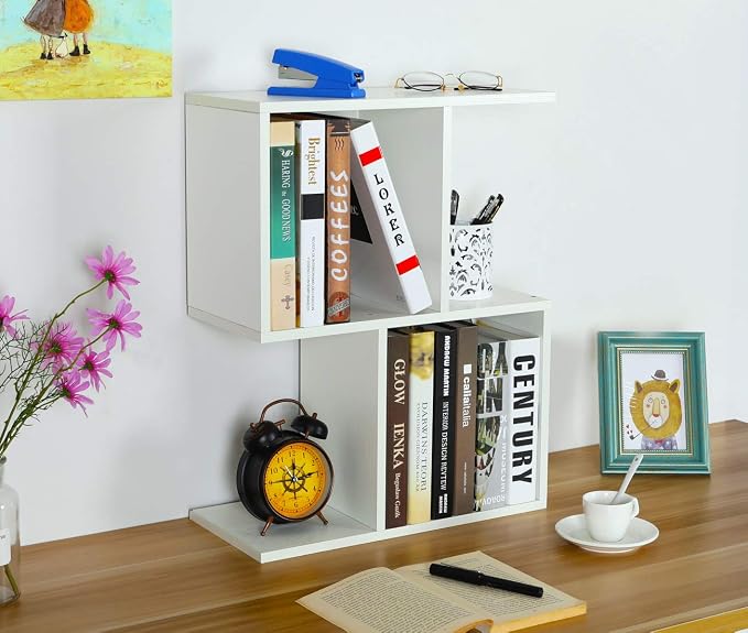 Desktop Shelf Freestanding Wooden Small Bookshelf Desk Supplies Organizers and Accessories Storage Display Rack Office Dorm Decor for Women, White - Image 6