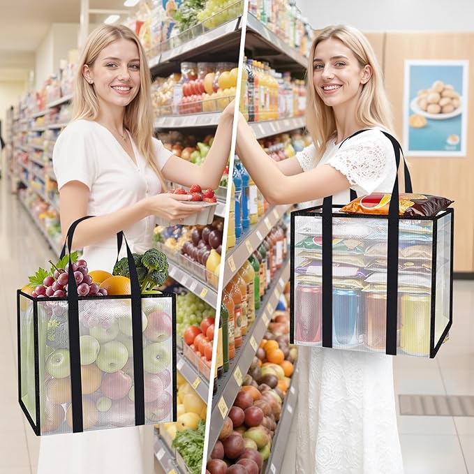 Reusable Grocery Bags, Clear Shopping Bags, 10 Pack, 42L | Heavy-duty, 66-lb capacity, reinforced handles, stands upright, foldable, water-resistant, wipe-clean, visible contents - Image 2