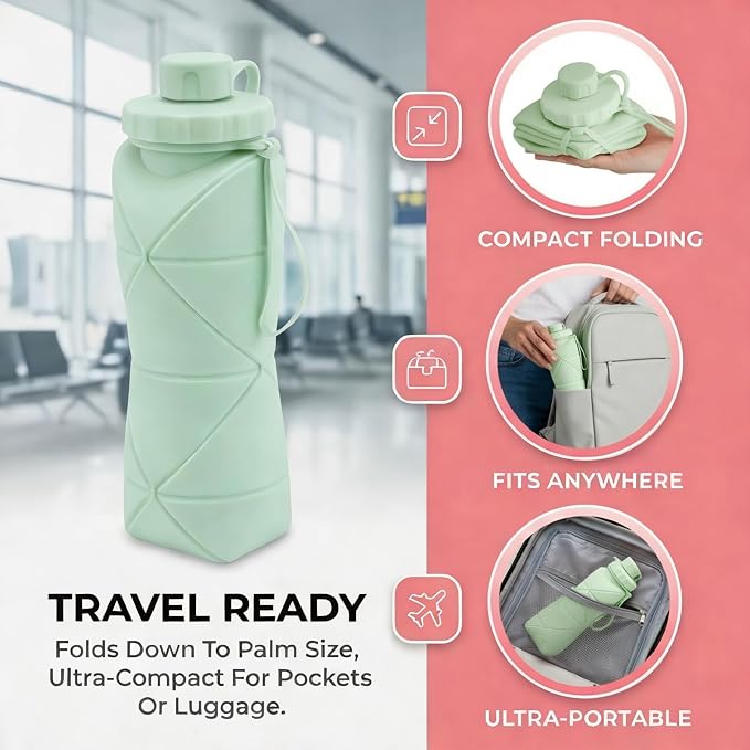 Collapsible Water Bottles 20oz (600ml), BPA-Free Silicone Foldable Portable Lightweight Reusable Water Bottle with Leak-Proof Lid & Lanyard for Outdoor Travel Cycling Gym & Camping - Image 7
