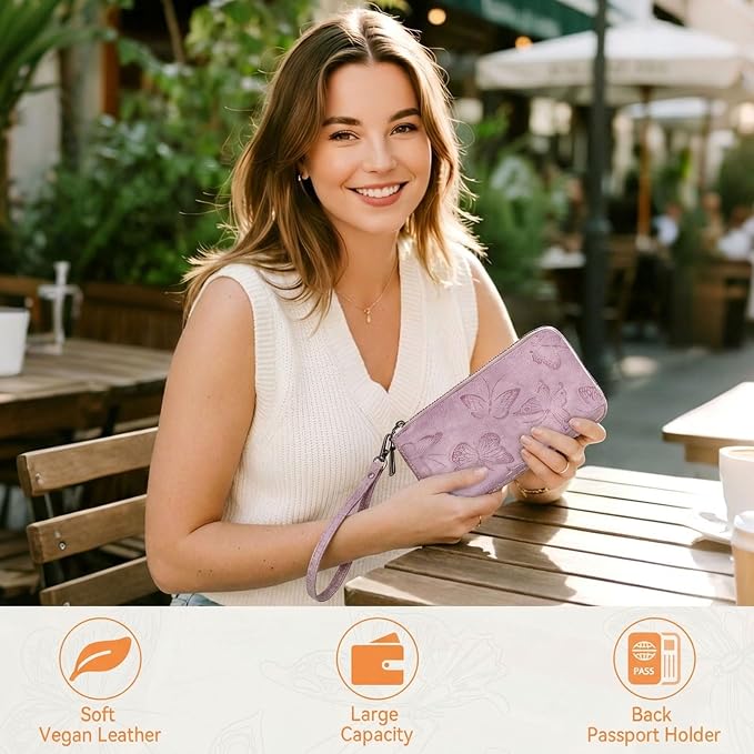 BELTANA Womens Wallet RFID Wallet Women with Passport Holder Butterfly Vegan Leather Multi Card Slots Wallets Large Capacity Wristlet Travel Purse for Women (Purple) - Image 2
