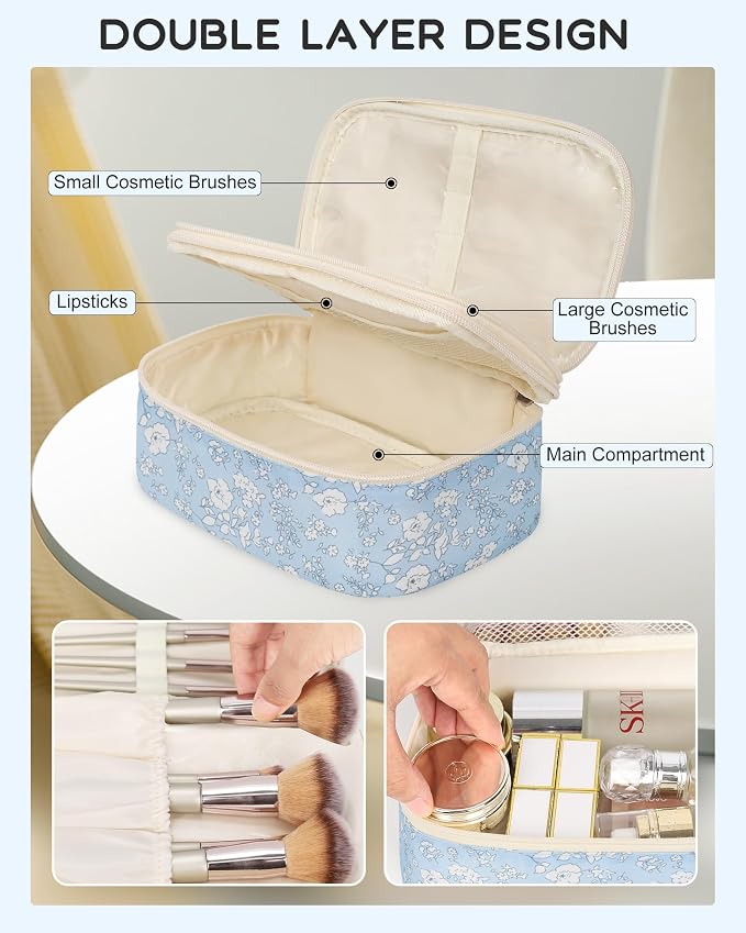 Relavel Small Makeup Bag, Floral Cosmetic Bag with Makeup Brush Compartment | Portable Makeup Pouch for Women, Double Layer Makeup Organizer Bag, Cute Travel Toiletry Bag - Image 5