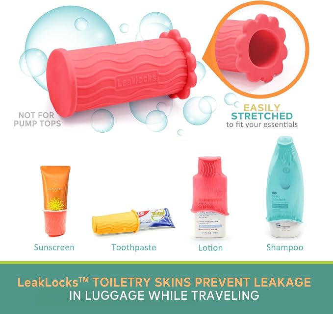 Rinseroo LeakLocks® Toiletry Skins 4-Pack w/Travel Bag | "Elastic Sleeve for Leak-Proofing, Fits Standard/Travel Sized Toiletries, Reusable Accessory, For Suitcase/Carry-on " - Image 2