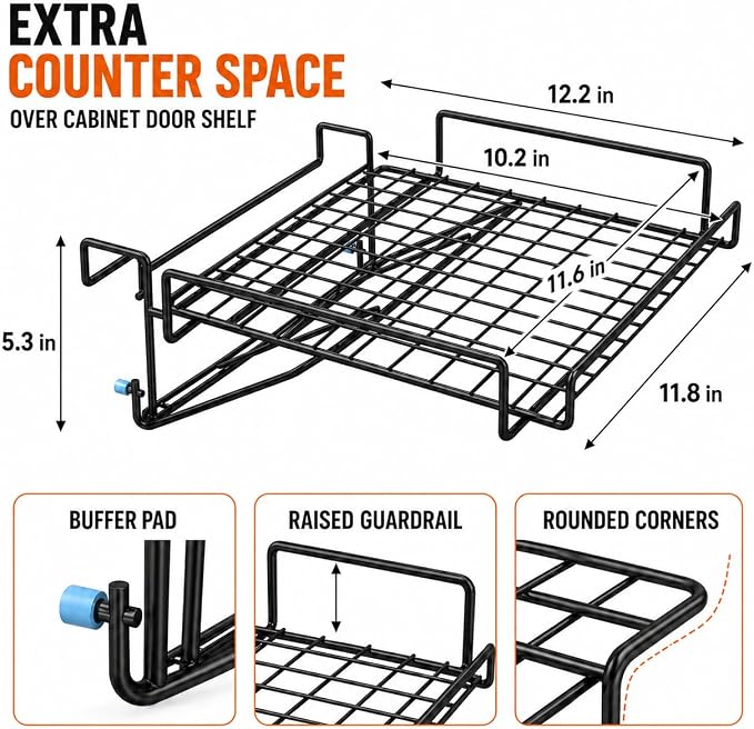 Kitchen Counter Extender, 1-Sec Foldable Over Cabinet Door & Drawer Organizer Shelf, No Drill Hanging Storage Rack Space Saver with Towel Bar for RV & Renters (Carbon Steel Black) - Image 2