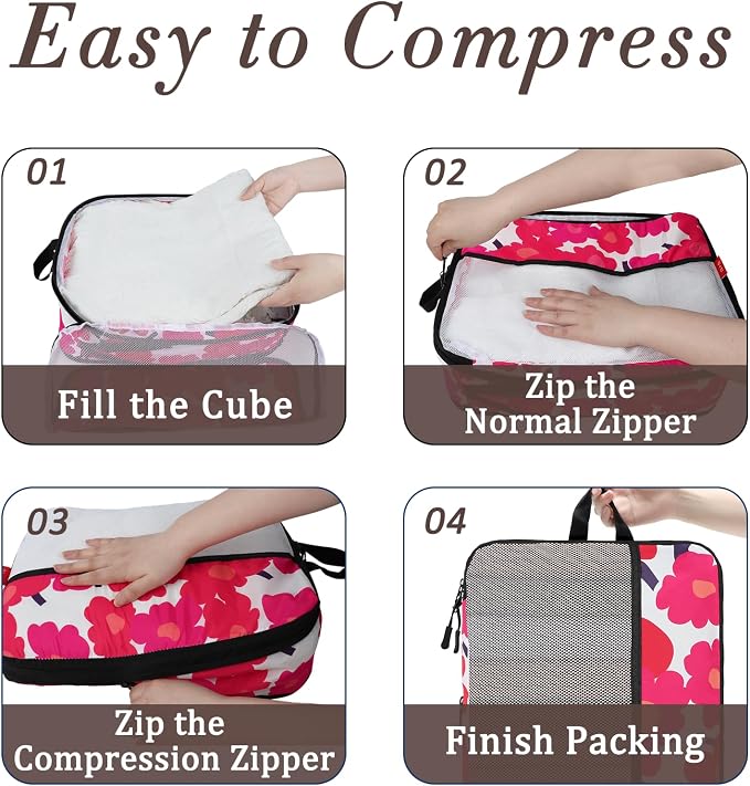 U+U 4 Set Compression Packing Cubes, Travel Organizers (Red Flower) | Space-Saving & Lightweight Travel - Image 4