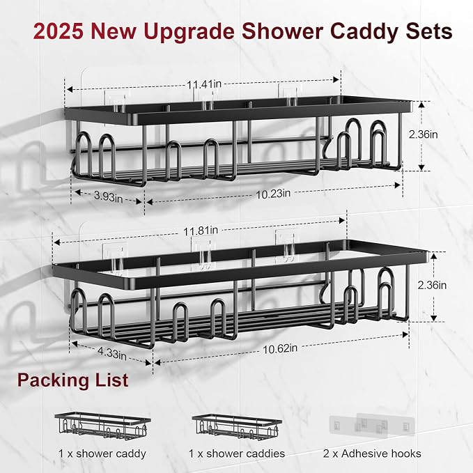 Getsrichfc Shower Caddy Adhesive, Rustproof Shower Shelves for Inside Shower, Large Capacity Bathroom Organizers and Storage, Shower Storage with Removable Hooks, No Drill Bathroom Accessories Black - Image 7