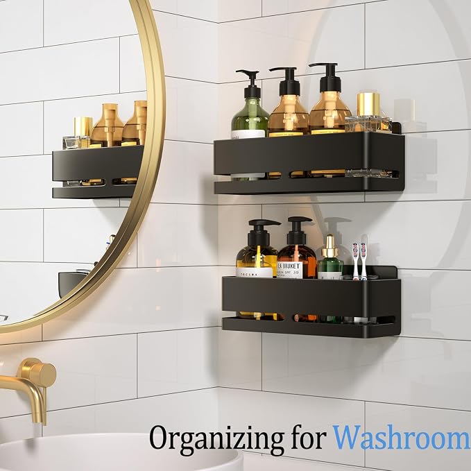 Shower Caddy,2-Pack Shower Shelf,no Drill Shower Organizer(Black) | Large Capacity No-Drill Bathroom Organizer,Aluminum Storage Basket, Adhesive Installation - Image 3