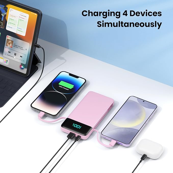 Portable Charger for iPhone,13800mAh Slim Power Bank with Built-in Cables & AC Wall Plug,All in One 4 Outputs USB C Fast Charging Battery Pack for iPhone 17/16/15/14,Android,Travel Essential (Pink) - Image 3