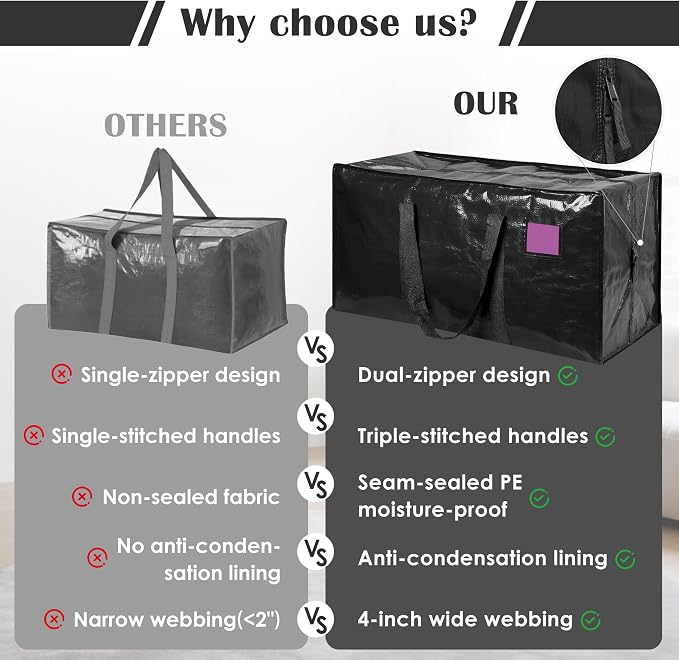 12 Pack Moving Bags with Full-Open Side Zipper, Extra Large 93L Heavy Duty Waterproof Foldable Storage Totes for College Dorm, Moving & Home Organization Black - Image 9