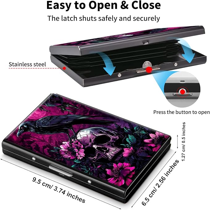 Metal Wallet,Credit Card Holder for Women Men,RFID Blocking Card Holder Wallet Mini Slim Aluminum Wallet ID Case Hard Card Case Business Card Holder Case,Flower Skull Crow - Image 5