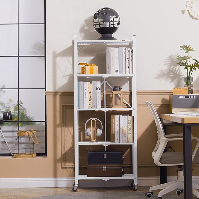 DEANIC 5-Shelf Folding Bookcase with Wheels, Rolling Bookshelf Heavy Duty Storage Shelves, Freestanding Metal Wire Shelving Unit for Living Room, Office, Kitchen, Basement, Pantry (White) - Image 2