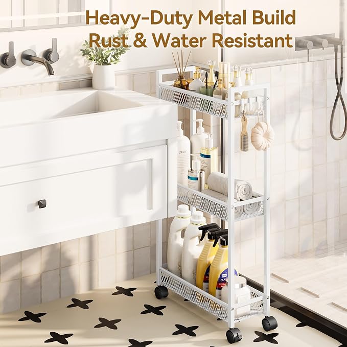 Slim Rolling Storage Cart, Metal 3 Tier Bathroom Storage Organizer Laundry Room Utility Cart for Kitchen, Bthroom, Makeup, Craft, Laundry Narrow Places, White - Image 4
