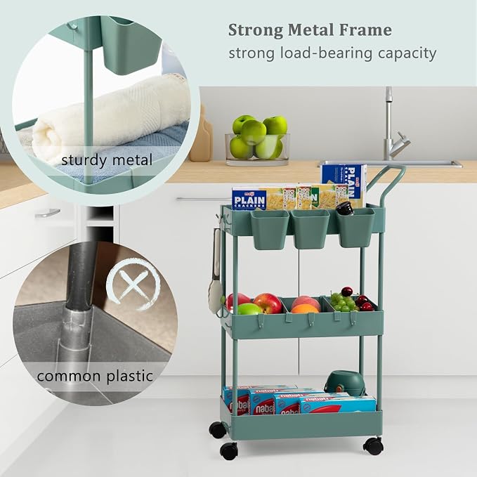 danpinera Storage Cart on Wheels, 3 Tier Bathroom Cart Organizer Slim Laundry Narrow Shelf with Wheels Dividers Hanging Cups Hooks Handle Easy Assembly, Green - Image 7