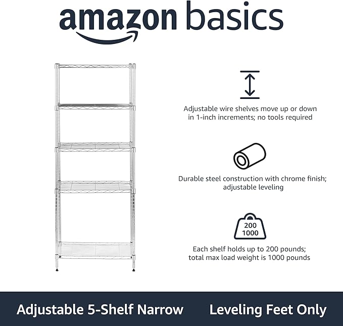 Amazon Basics 5-Shelf Adjustable Storage Shelving Unit for Garage, Steel Wire Rack, 200 Pound Loading Capacity per Shelf, 23.2" x 13.4" x 60", Chrome Finish - Image 4