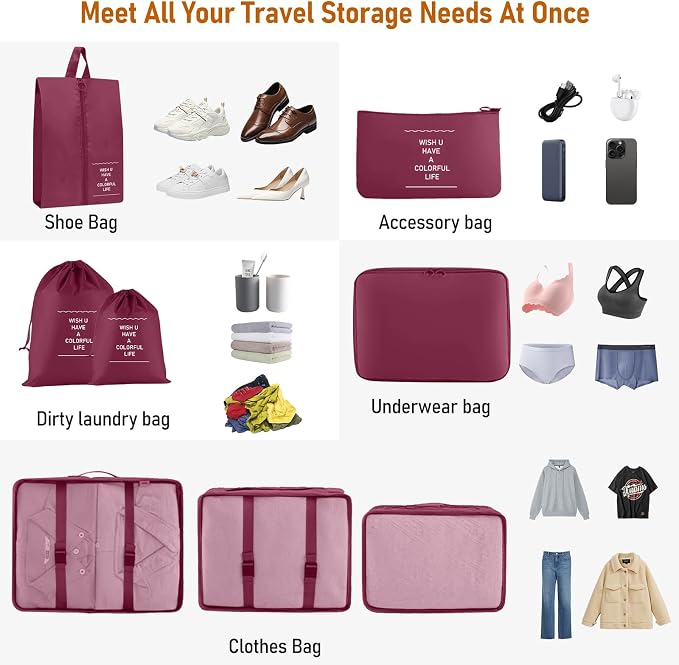 Packing Cubes for Travel- 8 Set Luggage Organizer Bags for Family, Mesh Breathable Travel Packing Cubes for Suitcases Durable Travel Essentials Bags Set (Red, 8 Set) - Image 2