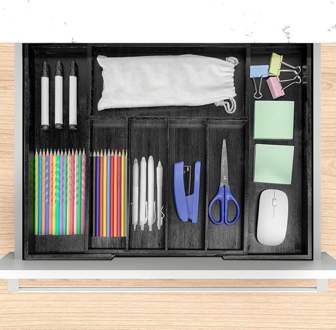 VaeFae Bamboo Drawer Organizer, Large, Black | Cutlery Drawer Holder, Drawer Divider for Silverware, Flatware，43 cm D x 32-55 cm W, 5-7 Slots, Black - Image 7